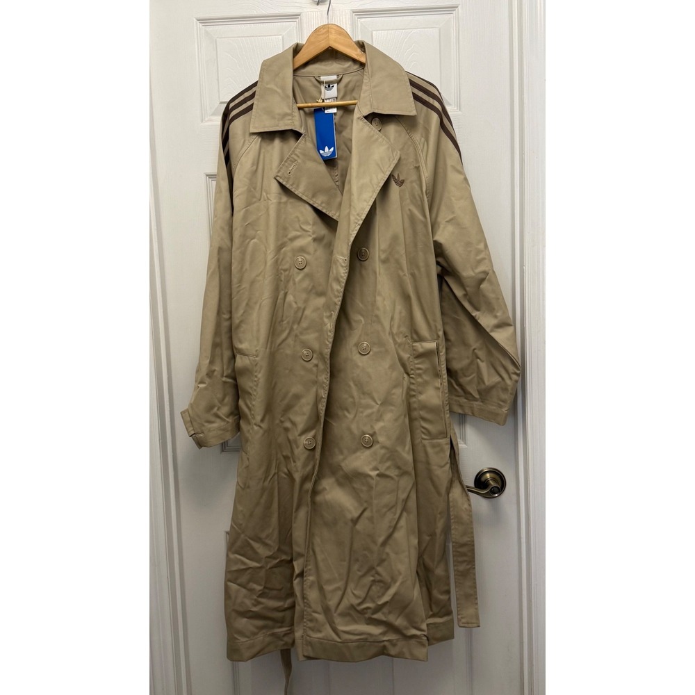 Adidas Trench Coat Womens XL Beige New Originals 3-Stripe Long Belted Jacket